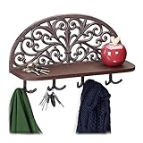 Relaxdays Wandgarderobe mit Ablage, Antik Design, 4 Doppelhaken, Schlüsselbrett, Gusseisen, HBT: 23x39x11,5 cm, braun, 1 Stück