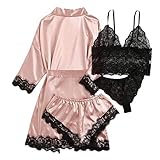 4 Teiliges Satin Pyjama Dessous-Sets, Dessous Frauen Spitze Babydoll Nachtwäsche Nachthemd Set Kimono Damen Morgenmantel Satin Bademantel Seide Roben V Ausschnitt Mit Blumensp