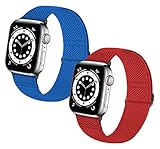 LRJBFC Für Apple Watch Armbänder 38-40mm 42-44mm Weiches, dehnbares, verstellbares Gummiband für iWatch 2/3/4/5/6/7/Se Serie Nylon geflochten 2 Stück (Color : China Red+Sapphire, Size : 42/44mm)