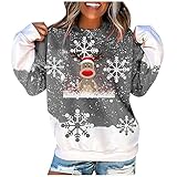 yiouyisheng Weihnachtspullover Damen Weihnachts Sweatshirt Schneeflocke Rentier Drucken Weihnachten Pullover Teenager Mädchen Christmas Sweater Xmas Jumper Rundhals Weihnachtspulli Ob