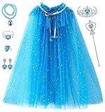 Tacobear Prinzessin Umhang Kinder Mädchen ELSA Prinzessin Kostüm mit 7Stk Prinzessin Schmuck Krone Zauberstab Armband Ring Ohrringe Halskette Prinzessin Cape für Halloween Karneval Party (Dunkelblau)