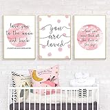 Leinwand Wandkunst Ich liebe dich bis zum Mond und zurück Malerei Nordic Poster Rosa Moon Poster Kindergarten Weihnachten Leinwand Wandmalerei für Baby Mädchen Be/40x60cmx3 Ung