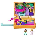 Polly Pocket GKJ53 - Saftspaß-Safari Schatulle mit lustigen Überraschungen, den kleinen Puppen Polly und Shani, 2 Faultier-Figuren und Stickerbogen; Spielzeug für Kinder ab 4 J