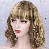 FHTD Frauen Kurze Bob Perücke Curly Mit Air Bangs Perücken Schulterlang Weibliche Natürliche Kunsthaar Tägliche Party Kostüm Cosplay Perück