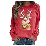 L&ieserram Damen Weihnachtspullover Weihnachtspulli Pullover Weihnachtsmotiv Causul Rentier Elch mit Weihnachtslicht Druck Oberteile Pulli Sweatshirt Casual Pullover Sweatshirt (Rot, Large)