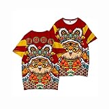 Fishoney Unisex Tiger Sternzeichen T-Shirt Chinesischer Stil Neujahr Kurzarm Rundhals Übergröße Tee Tops Cartoon Neuheit Personalisierte Sweatshirts Pullover Pullover, rot, XL