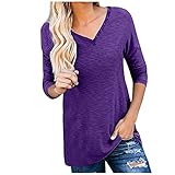 Damen Pullover Langarm V-Ausschnitt Knopf Tunika Oberteile Henley Blusen Kausales Lose T Shirts Damen Casual Solid Color Lose V-Ausschnitt Hemden Knopf Langarm Blusen H