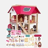 OUPAI Häuser für Modepuppen Puppenhaus aus Holz Puppenhaus-Möbel Set, Pretend Play Spielzeug for Mädchen, Puppenhaus Möbel Educational Lernspielzeug for Kleinkind Perfekten Holzpuppenhaus for Kinder 2