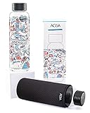 ACUA BOTTLES® Glasflasche 750ml mit einzigartigem Design ● Wasserflasche inkl. gratis Schutzhülle ● Trinkflasche Glas ● Trinkflasche mit 5 verschiedenen Motiven (Wanderlust Edition)