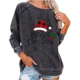 GOKOMO Damen Weihnachtsdruck Sweatshirt Weihnachten Pullover Rundhals Langarm Damen Sweatshirt Frohe Weihnachten Druck Neu 2021 Weihnachtspullover Weihnachtsoberteile(3XL,Grau)