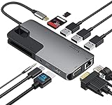 USB C Hub 10 in 1 USB C Adapter für Macbook Pro/Air Dell Lenovo USB C Dockingstation mit Dual Display 4K HDMI VGA (Spiegelmodus) 3 USB 3.0 100W PD Gigablit Ethernet SD/TF Kartenleser 3,5