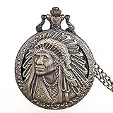 FZSWD Retro Bronze Indian Old Man Muster Quarz Taschenuhr Anhänger Halskette Fob Watch Männer Frauen Geschenk