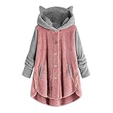 LRWEY Damen Knopf Mantel Solide Tops Kapuzenpullover Lose Sweater Bluse für Frauen Plus Size Jacke Katzenohren Kapuzenmantel, Pink C, 38