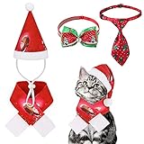 Jupsk Weihnachtsmannmütze mit Schal und verstellbarer Schneeflocke, Fliege und Halsband für kleine Hunde, Katzen, Kätzchen, Welpen, 4-teiliges S