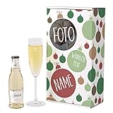 Herz & Heim® Modernes Sektgeschenk mit Käfer Secco Frizzante, Leonardo Sektglas mit Gravur in Geschenkverpackung Christbaumkugeln mit F