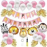 Ubuzima Dschungel Geburtstag Deko Fiyo Kindergeburtstag Deko Party-Set Happy Birthday Girlande Luftballons Folienballon Tiere Palmblättern für Geburtstagsdeko Jungen, Safari Themengeburtstag