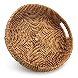 Runder Rattan Serviertablett mit Griff Gewebte Dekoratives Tablett für Couchtisch Osmanisches Natürlich (Klein 30cm x 6cm)