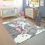 Paco Home Kinderteppich Bunt Grau Kinderzimmer Regenbogen Design Einhorn Motiv 3-D Look, Grösse:133 cm Q