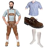 Herren Trachten Set A 5-teilig Trachten Lederhose Hellbraun 46-60 Trachtenhemd Schuhe Socken Oktob