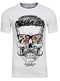 JACK & JONES Herren T-Shirt Festival Flower Support Tee Crew Neck Bart Skull Totenkopf Schädel Print Sonnenbrille,(White,L)