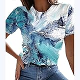 Masrin Damen T-Shirt Lässig Batik Ölgemälde Bedruckt Tops Sommer Kurzarm O-Ausschnitt Lose Pullover Schlichte Einfachheit Basic Tunika Bluse(XXL,Grau)