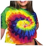 Xniral Damen T-Shirt Tie-Dye Kurzarm RundhalsFarbverlauf Hippie Bluse Kurz Tops Beschnittene Sommer Bluse Tunika(Lila,XL)