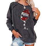 xHxttL Damen Weihnachts-Sweatshirts Weinglas Langarm Weihnachtsmütze Rundhals Sweatshirt T-Shirts Hemd Tops Bluse Solide Tunik