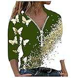 PcLeam Damen Langarmshirts Pullover V-Ausschnitt ReißVerschluss Schmetterling Drucken T-Shirt Langarm Top Oberteil Tuniken Basic Blusen Herbst Winter Shirts(Grün,XL)