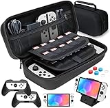 HEYSTOP Switch/Switch OLED Tasche Kompatibel mit Nintendo Switch Zubehör, Universal Switch/Switch OLED Zubehör Tragetasche Mit 2 Griffen, Verstellbarem PlayStand und 6 Daumen Griffkapp