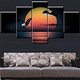 MCZQT 5 Stück Sonnenuntergang Landschaft Vogel Poster Hintergrund Wand Schlafzimmer Dekoration Rahmenloser Druck Leinwand Hängende Malerei 30X60Cmx2 30X70Cmx2 30X80Cmx1