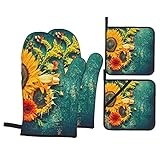 Herbstblumen Sonnenblumenblätter und Canina-Beeren auf rustikalem Vintage-Top,Ofenhandschuhe und Topflappen-Sets,4pcs Hitzebeständigkeit Wasserdicht Handschuhe Pads für Küche Kochen Backen BBQ