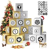 Adventskalender zum Befüllen, 24 Adventskalender Boxen, Adventskalender Selber Befüllen, für Weihnachtlichen zum Basteln und Befüllen mit Zahlenaufklebern (Golden Silber)