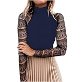 Langarm T-Shirt Damen Elegant Tunika Bluse Tops Lose Langarmshirt Vintage Tunika Shirt Spitze High Hals Feste Farbe Langarm T-Shirt Top Bluse Crewneck Weiche Bequeme Vintage Langarm Top