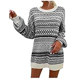 IFOUNDYOU Weihnachtspullover Damen Lang Oversize Strickpullover Druck Elegant Sweatshirt Herbst Winter Lose Pullis mit Kordelzug Warm Grobstrick Langarmshirts Langarm Rundhals Basic Long