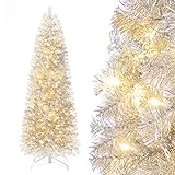 Yorbay künstlicher Weihnachtsbaum schmal silber Bleistiftbaum mit Beleuchtung Schnee LED Tannenbaum für Weihnachten-Dekoration, Silberweiß, 180