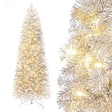 Yorbay künstlicher Weihnachtsbaum schmal silber Bleistiftbaum mit Beleuchtung Schnee LED Tannenbaum für Weihnachten-Dekoration, Silberweiß, 180