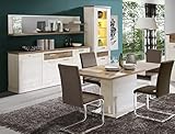 expendio Esszimmer Durio 41 Pinie weiß 4-teilig Säulentisch Vitrine Sideboard Wandregal Speisezimmer, Beleuchtung:mit Beleuchtung