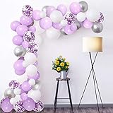 Luftballon Girlande Set Lila Violett Weiß Silber 102 Stück Pastell Helium Konfetti Latex Ballons mit 5m Ballonbogen Klebepunkt für Hochzeit Mädchen Geburtstag Taufe Jubiläum Party Dek