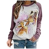 YANGQI Damen Schneeflocke Kaninchen Eltern-Kind Fuchs 3D Retro Tierdruck Winter Langarm Raglanärmel Rundhals Klassisches Pullover Sweatshirt Sweatshirt Damen Oversized Vintage B