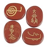 Amogeeli 4 Stück Reiki Symbole Graviert Usui Reiki Steine Set, Heilung Kristall Energie Taschensteine für Reiki Heilung Kristalltherapie (Roter Jaspis)