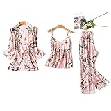 Damen Bademantel Aus Satin-Seide Schräg mit V-Ausschnitt Kurze Kimono-Robe Brautjungfern-Robe Damen Morgenmantel Satin Bademantel Seide Roben V Ausschnitt Mit Blumenspitze 3 Stück Set Nachtw