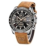 BENYAR Herren Uhr Chronograph Analogue Quartz Wasserdicht Business Schwarz Zifferblatt Armbanduhr mit Braunes Leder Armb