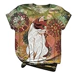 masrin Damen Tops Fashion Kurzarm 3D Katze gedruckt T-Shirt Grafik O-Ausschnitt Plus Size S-5XL Bluse(M,Khaki)