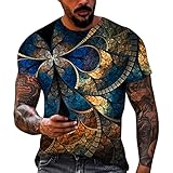 Julhold Herren Top Kurzarm T-Shirt Frühling Sommer Lässig O Neck 3D Digitaler Grafikdruck Bluse Regular Fit Strandhemden(02 Blau,3XL)