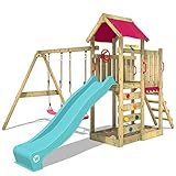 WICKEY Spielturm Klettergerüst MultiFlyer mit Schaukel & türkiser Rutsche, Kletterturm mit Sandkasten, Leiter & Spiel-Zubehö
