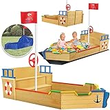 KIDIZ® Sandkasten Ahoi - Piratenschiff Boot Segelschiff aus Holz Inkl. Abdeckung, Bodenplane, Sitzbank, Flaggenmast | Große Kinder Sandkiste für den Garten | Outdoor Sandbox B