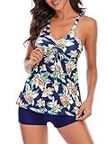 Tankini-Badeanzüge für Damen, zweiteilig, florales Tankini-Oberteil mit Shorts, Bauchkontrolle, Badeanzüge für Damen - Gelb - 40-42