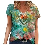 Damen T-Shirt Frühling Sommer Blumen Tie-Dye Motiv Tops Bunte 3D-gedruckte Pullover Casual Kurzarm V-Ausschnitt Tunika Street Trend Bluse mit V-Ausschnitt(L,Mehrfarbig3)