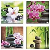 Artland Leinwandbilder auf Holz Wandbild Bild Set 4 teilig je 20x20 cm Quadratisch Wellness Zen Stein Grün Spa Bambus Zweige Zen Steine K3ED