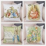 YNGBAAO 4er Set Dekorativ Kissenbezug Kissenhülle Baumwolle Leinen 40x40cm Süßer Cartoon Hase Quadrat Doppelseitig Kissenbezüge mit Unsichtbarem Reißverschluss für Sofa Büro Home 16x16